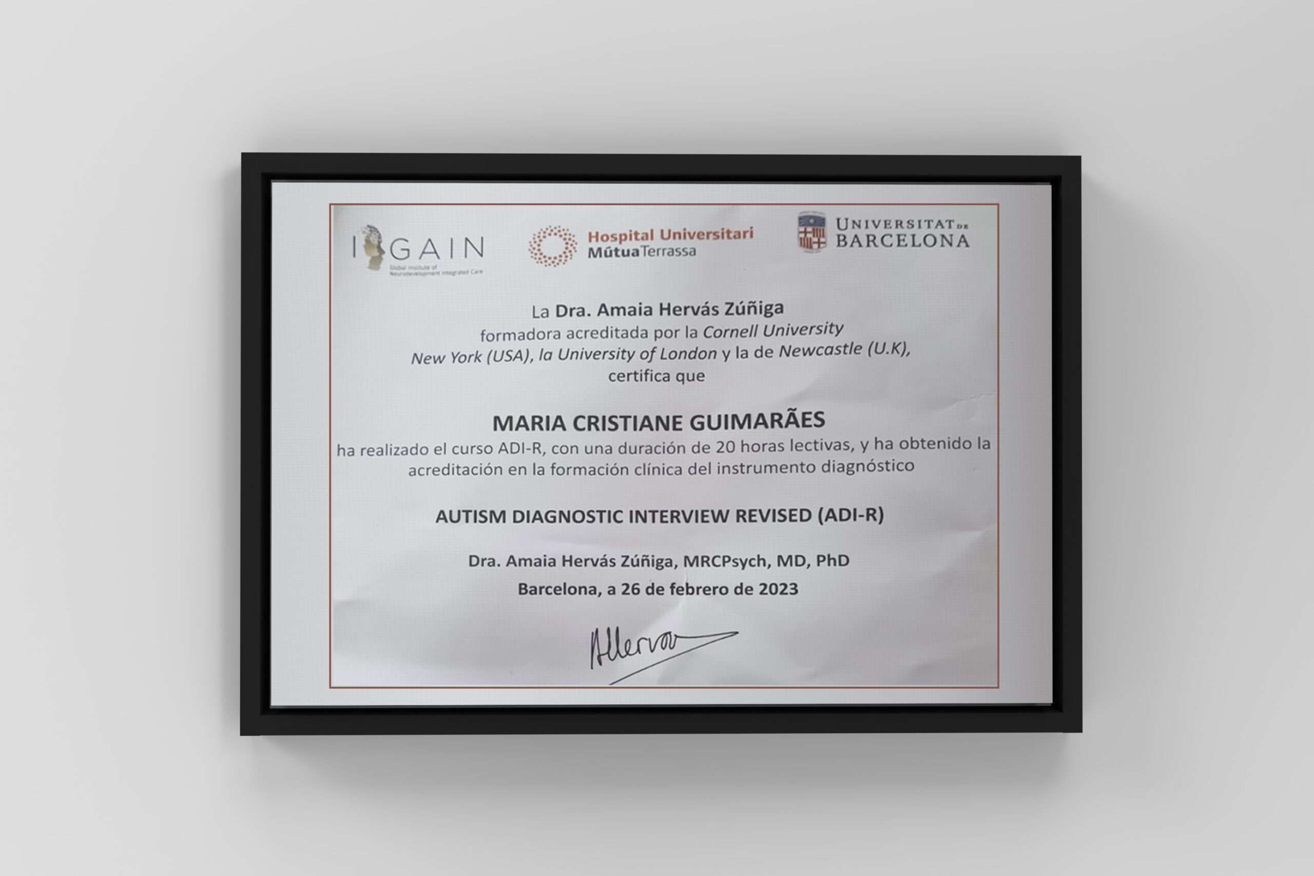 Certificado internacional de capacitação ADI-R
